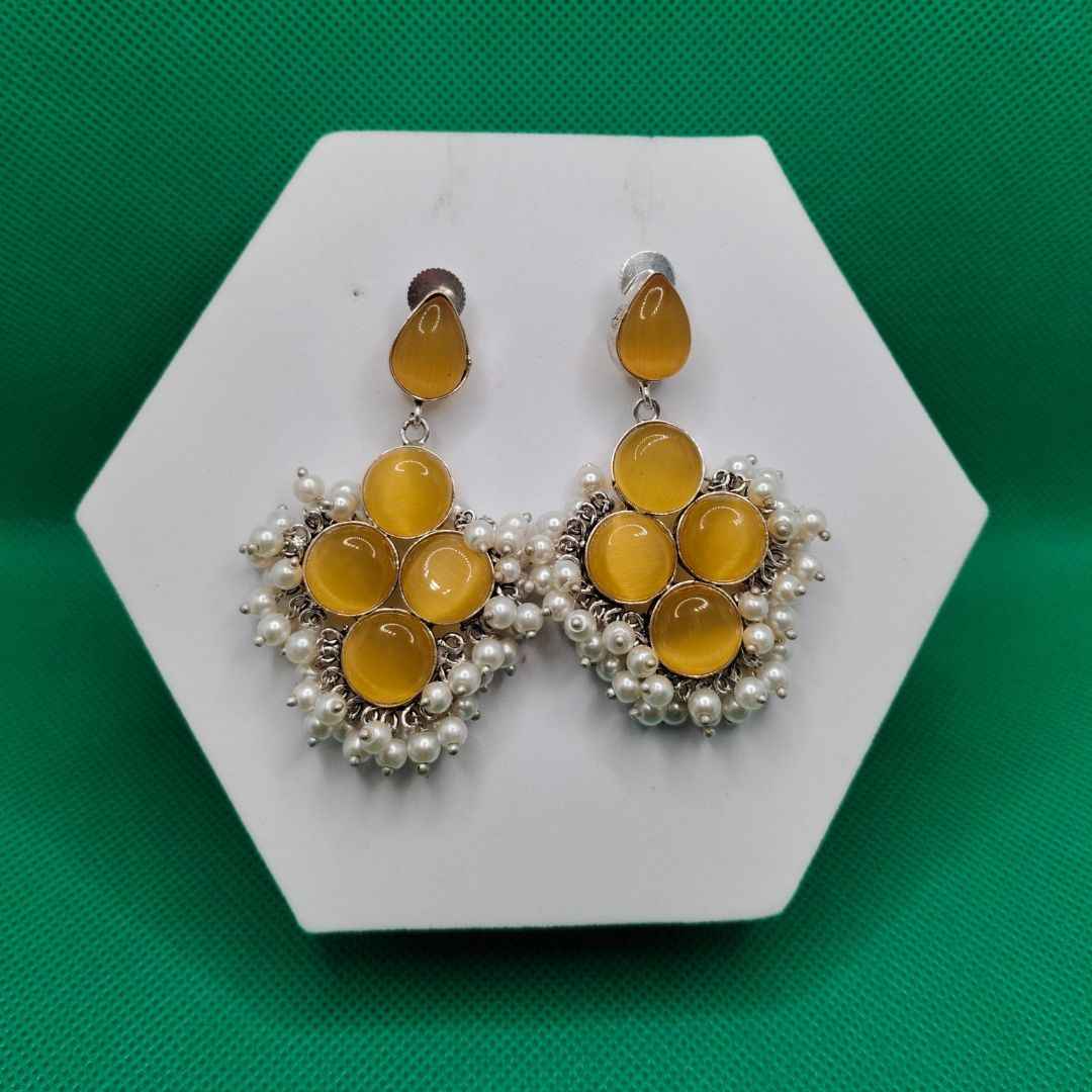 Statement Stone & Pearl Drop Earrings | Oxidized Silver Finish