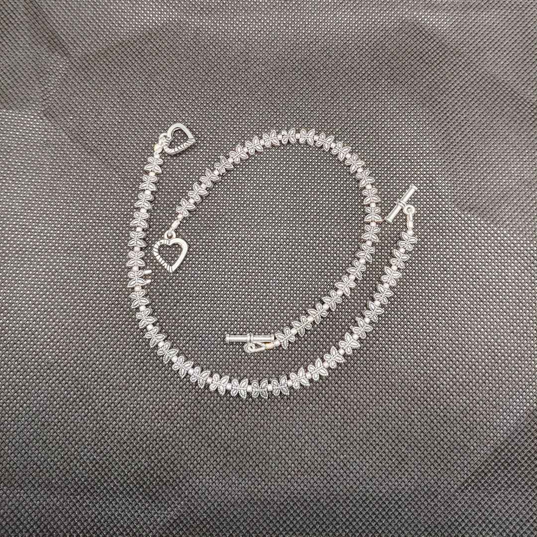 Sterling Silver Leaf Marquise-Cut Cubic Zirconia Tennis Anklet with Heart Clasp