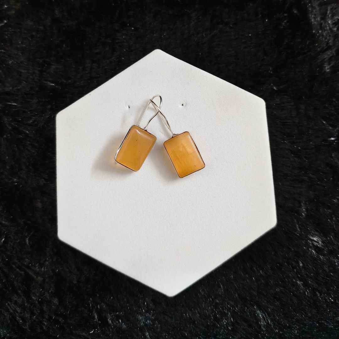 Sterling Silver Rectangular Yellow Cat Eye Dangle Earrings