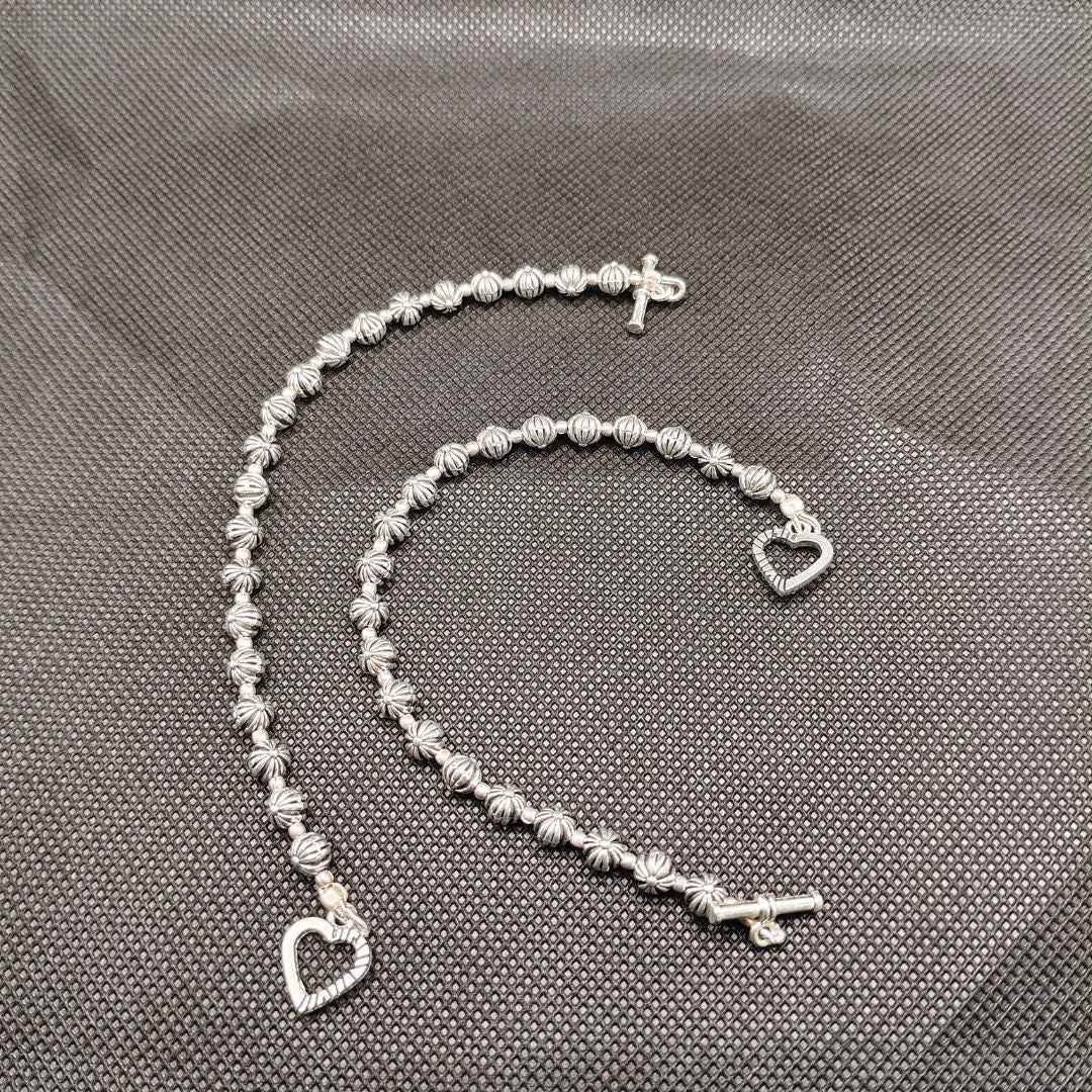 Textured Silver Beaded Bracelet with Heart Toggle Clasp