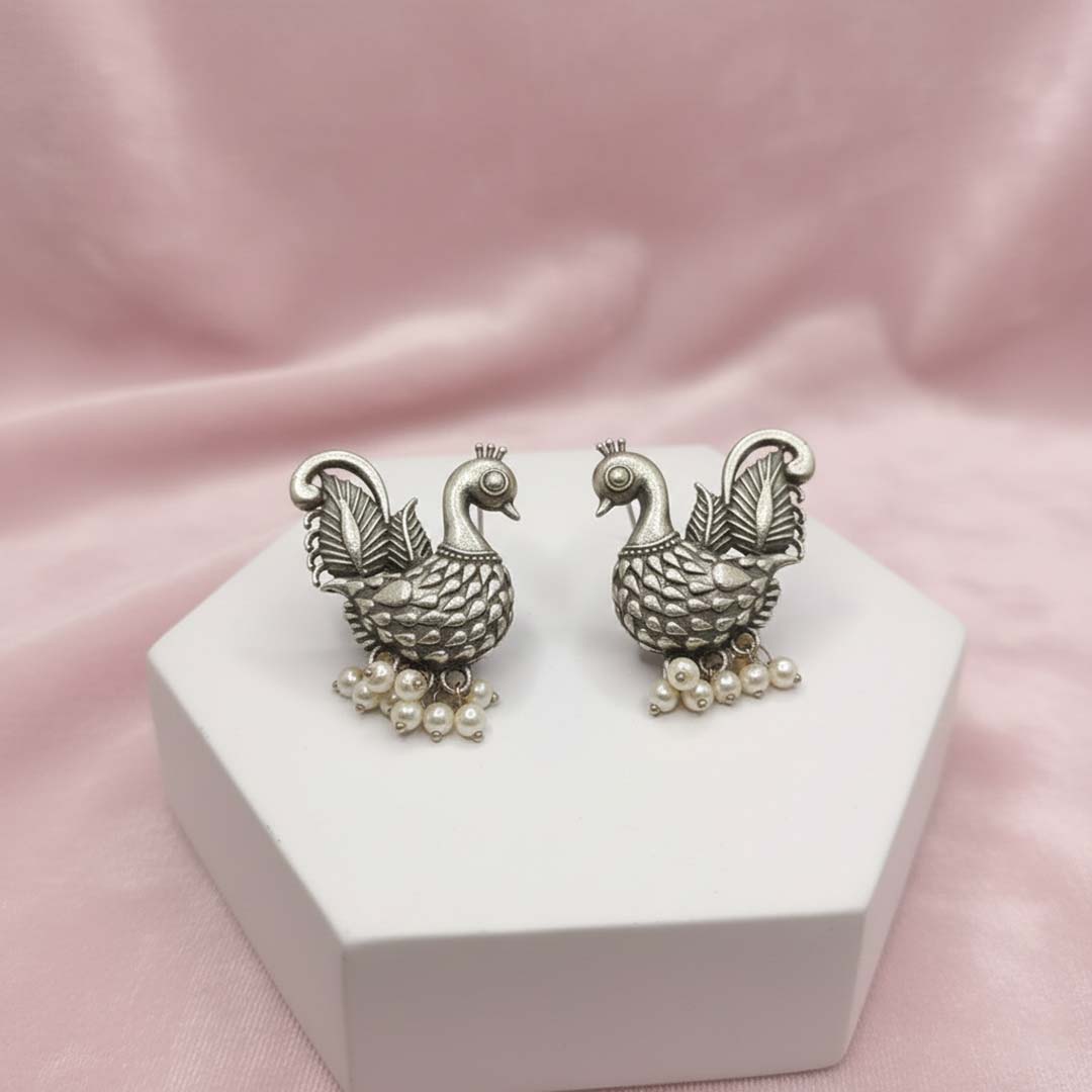 Traditional Oxidized Silver Peacock Stud Earrings with Pearl Drops