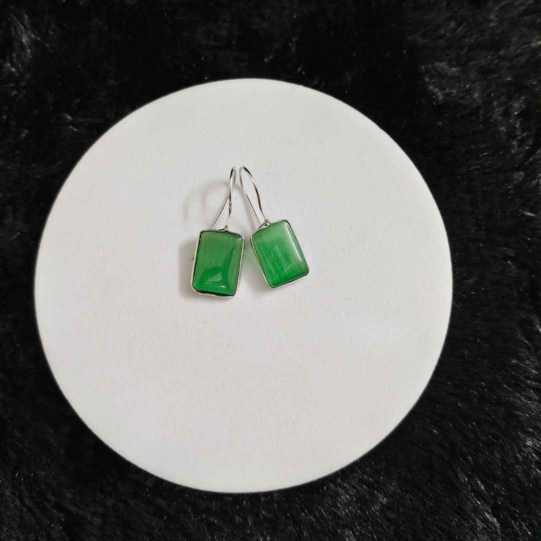 Vibrant Green Cat's Eye Rectangular Silver Drop Earrings