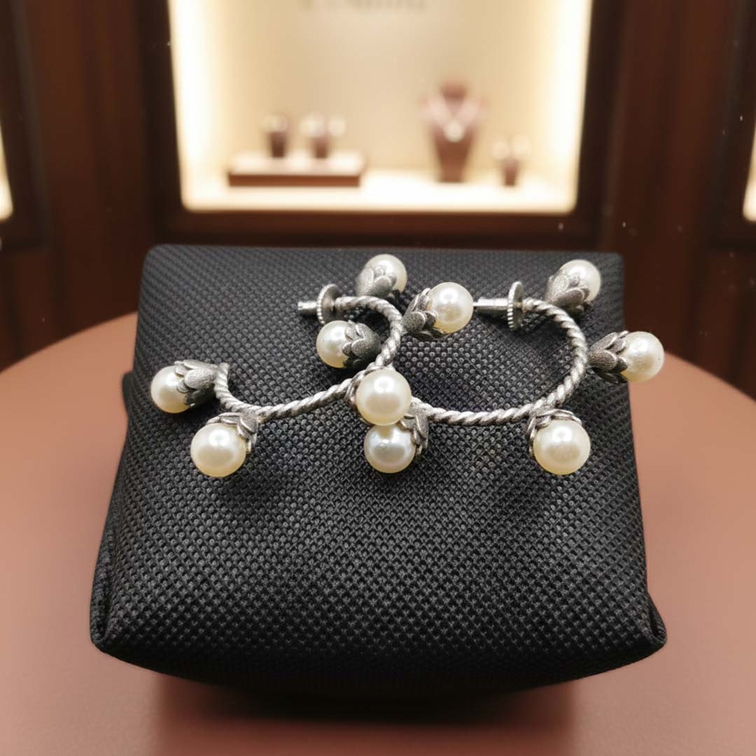 Vintage-Style Faux Pearl Drop Earrings | Silver-Tone Vine & Berry Studs