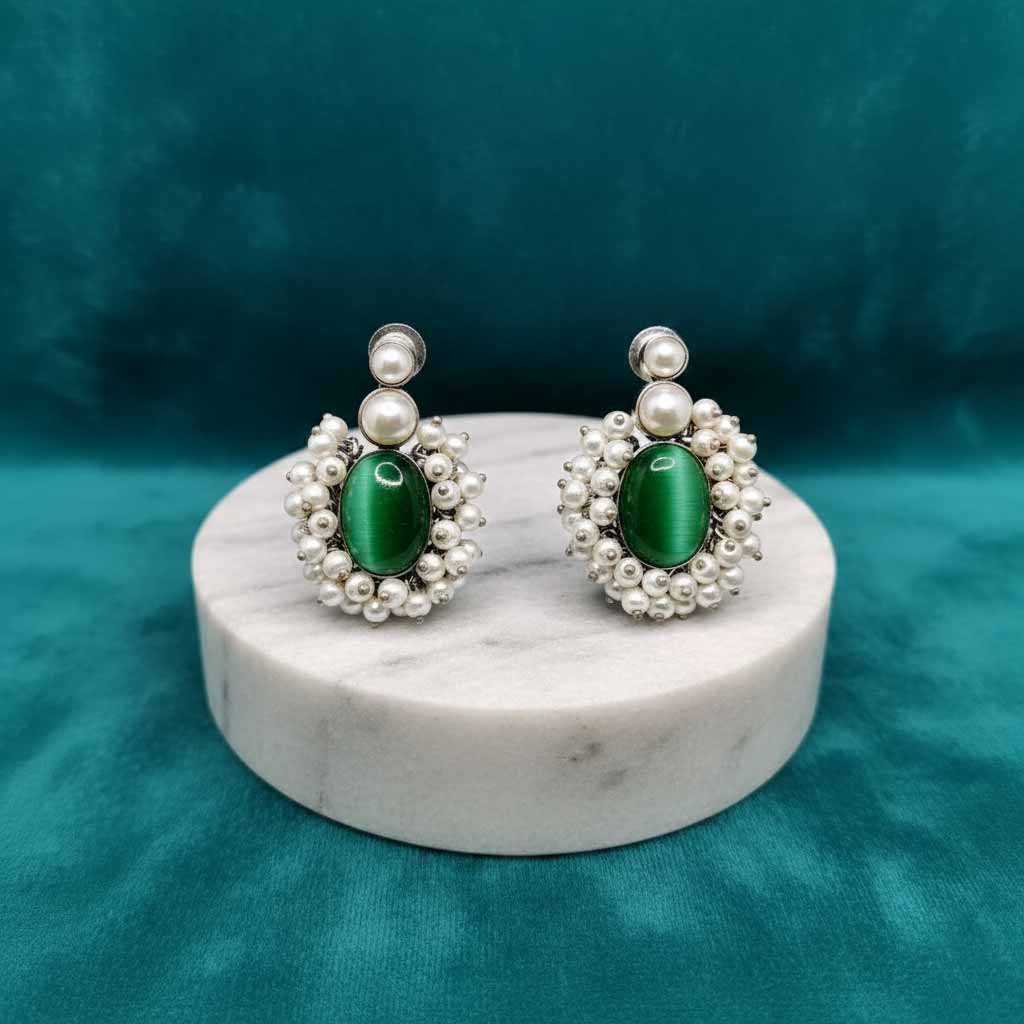 Vintage Style Sterling Silver Pearl Cluster Stud Earrings with Cat's Eye Gemstone