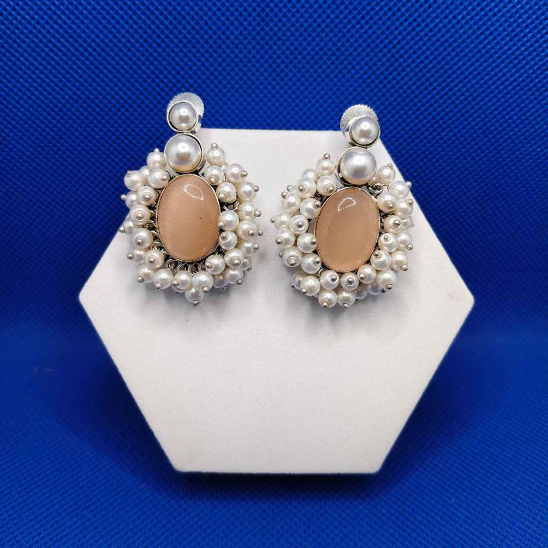 Vintage Style Sterling Silver Pearl Cluster Stud Earrings with Cat's Eye Gemstone