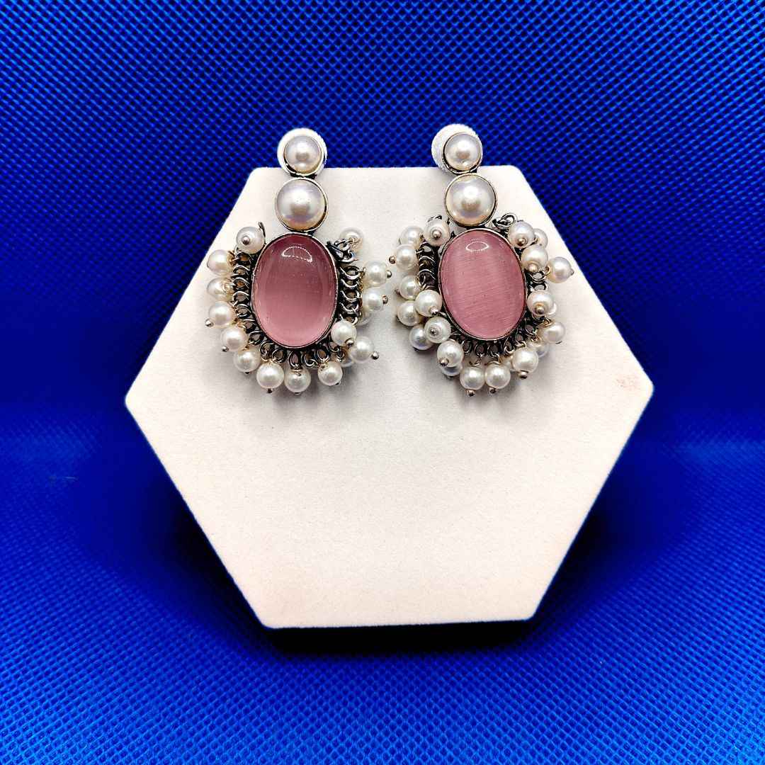 Vintage Style Sterling Silver Pearl Cluster Stud Earrings with Cat's Eye Gemstone