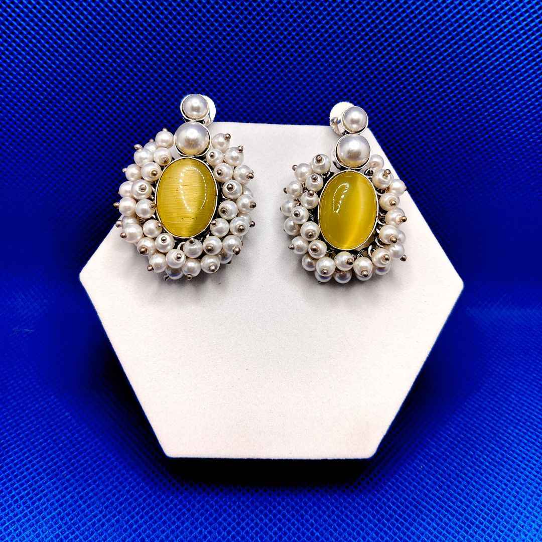 Vintage Style Sterling Silver Pearl Cluster Stud Earrings with Cat's Eye Gemstone