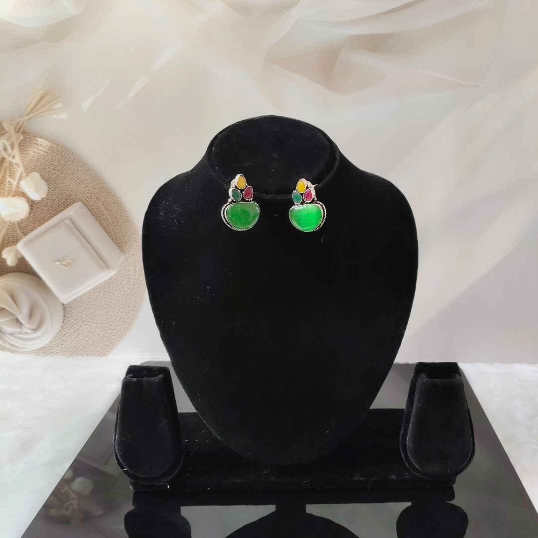 Vibrant Oxidized Silver Earrings with Green Stone and Enamel Accents